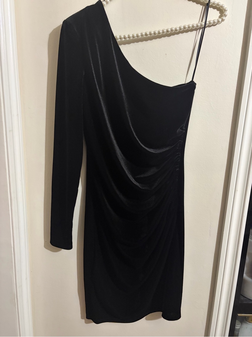 Mango One-Shoulder Black Velvet Asymmetric Mini Dress